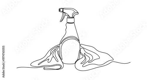 Monochrome line design of cleaning spray and cloth, black outlines on transparent background, representing hygiene maintenance and domestic chores