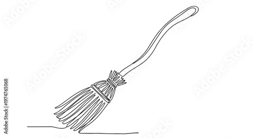 Contour drawing of traditional broom, black lines on transparent background, symbolizing household maintenance and spooky witchcraft