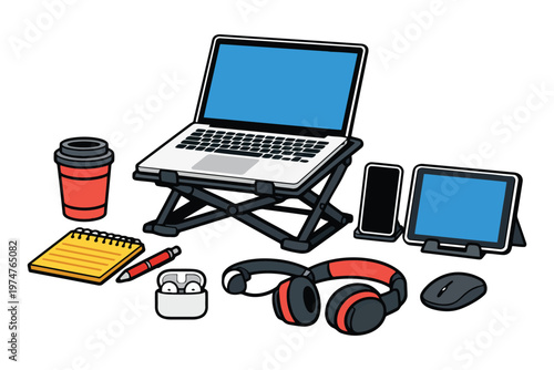 Vászonkép A collection of modern electronic devices and office supplies arranged on a whit