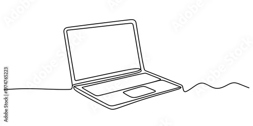 Minimalist continuous line drawing of a modern laptop computer on a plain white background area