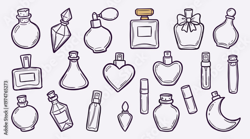 Collection of elegant perfume bottles and atomizers in various shapes and sizes, hand-drawn illustration style, perfect for beauty and fashion themes