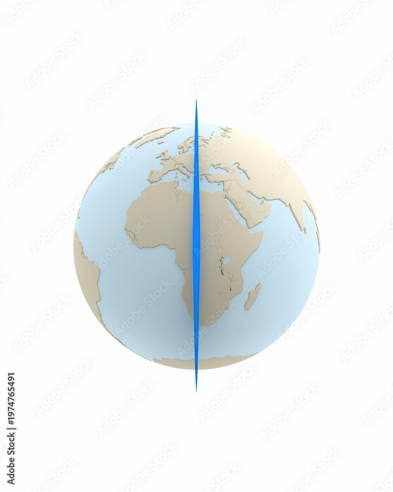 Naklejka premium Earth globe with a vertical blue line indicating a longitude meridian. isolated on white background