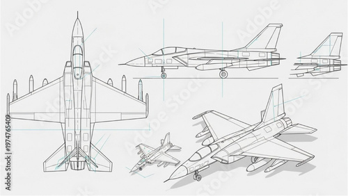 Vector CAD design sketches of fighter jets in various angles and positions