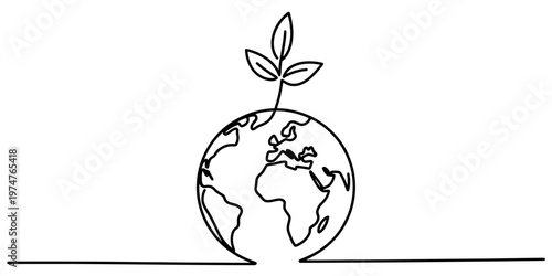 A single continuous line drawing of planet earth with a small green sprout growing from the top