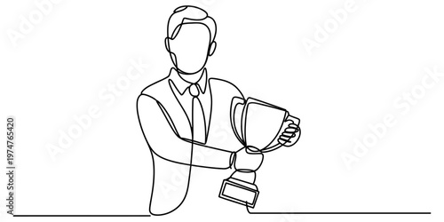 A single line drawing of a businessman in a suit holding a championship trophy with great pride
