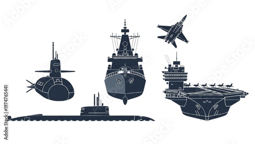Vector CAD design of various naval vessels and aircraft on water