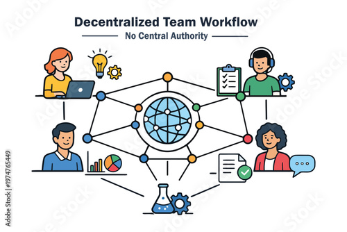An illustration depicting a decentralized team workflow operating without any central authority.