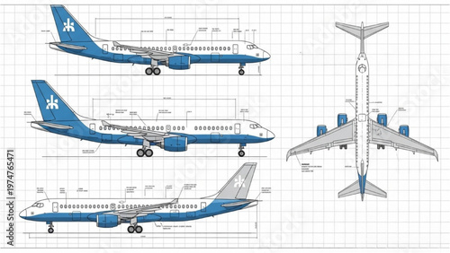 Vector CAD design of airplane blue and white with technical drawings