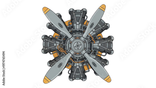 Detailed vector CAD design of an airplane engine with propellers