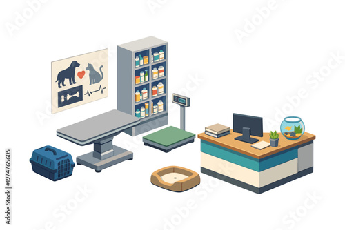 Veterinary clinic interior with examination table, reception desk, and supplies