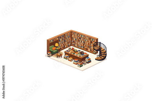 Cozy isometric library interior with bookshelves, reading chair, and spiral staircase