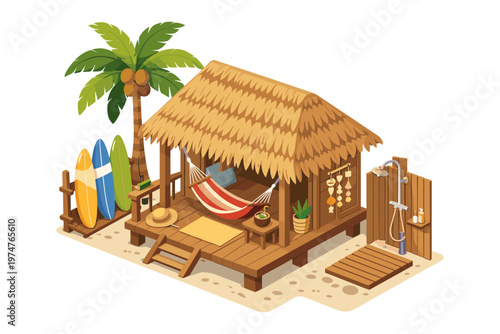 Tropical beach hut with surfboards, hammock, and outdoor shower