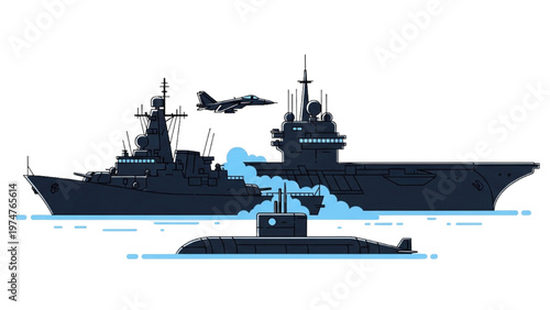 Warship and submarine vector CAD design in ocean with aircraft