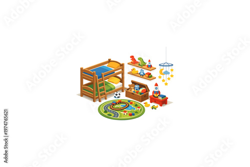 Cozy children's bedroom scene with bunk bed and toys, perfect for illustration
