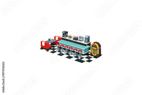 Retro diner scene with jukebox, booths, and counter seating in isometric view