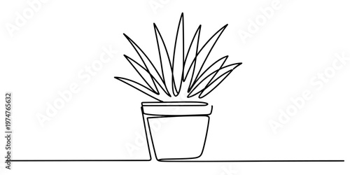 A minimalist single continuous line drawing of a small potted houseplant on a plain background