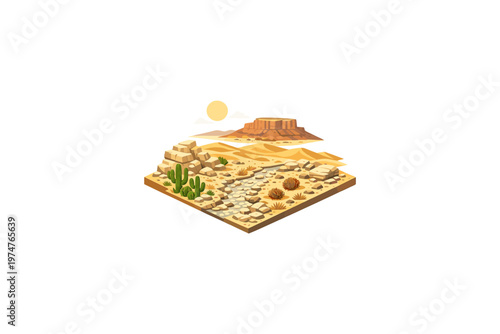 Isometric desert landscape with cacti, rocks, and a mesa under a bright sun