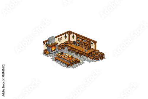 Cozy medieval tavern interior with fireplace, bar, and dining area