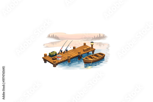 Wooden fishing dock with boat and gear ready for a day on the water