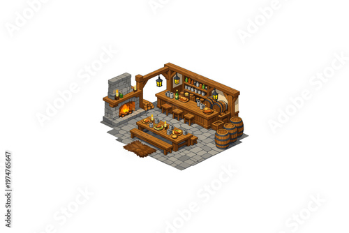 Cozy medieval tavern interior with fireplace, bar, and dining area