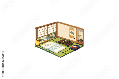 Cozy Japanese room with tatami mats, futon, and garden view