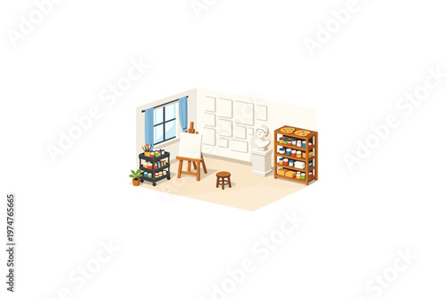 Cozy art studio with easel, paints, and bust, ready for creative work