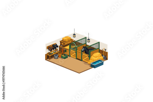 Cozy horse stable interior with a black horse, hay, and riding equipment