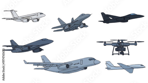 Vector CAD design of various aircrafts on white background