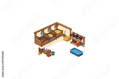 Isometric horse stable interior with stalls, tack, and supplies