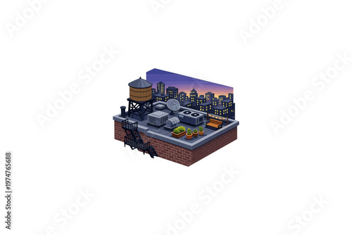 Isometric rooftop scene with water tower and city skyline at dusk