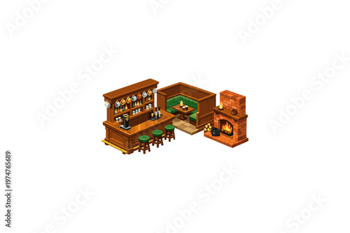 Cozy isometric pub interior with a fireplace and bar area
