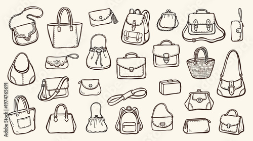 Collection of Hand Drawn Fashion Handbags and Purses Sketch Style Assortment of Accessories for Women