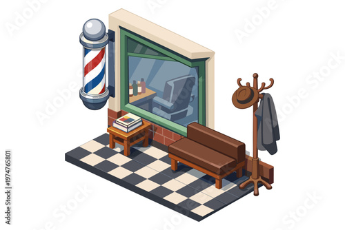 Isometric barber shop interior with barber pole, waiting bench, and coat rack