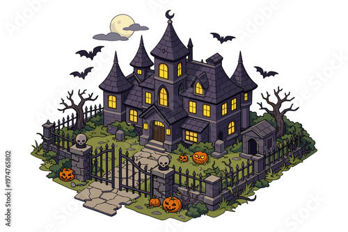 Spooky haunted mansion with pumpkins and bats under a full moon