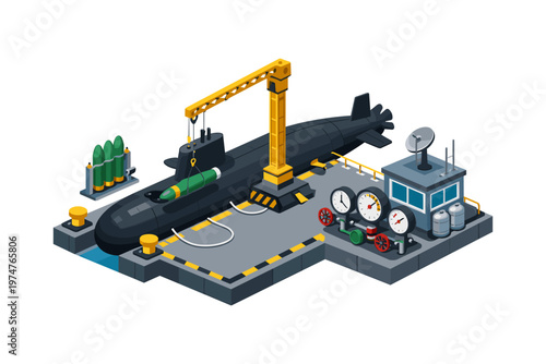 Submarine being loaded with torpedoes at a naval base with control tower