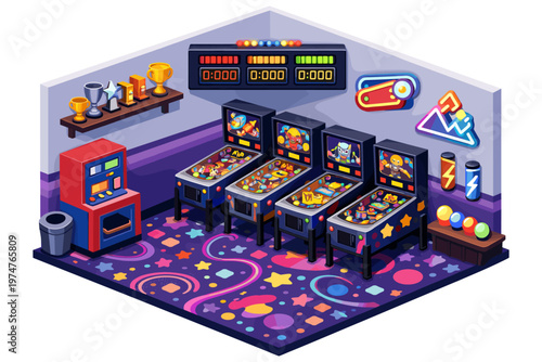 Retro arcade room with pinball machines and colorful carpet, isometric view