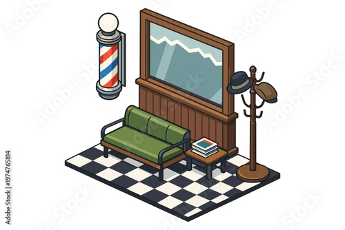 Isometric barber shop waiting area with striped pole and hat rack