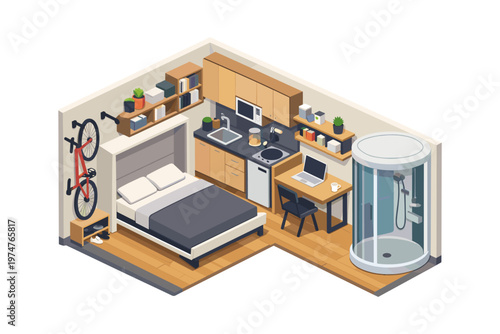 Compact studio apartment design with integrated living, sleeping, and kitchen areas