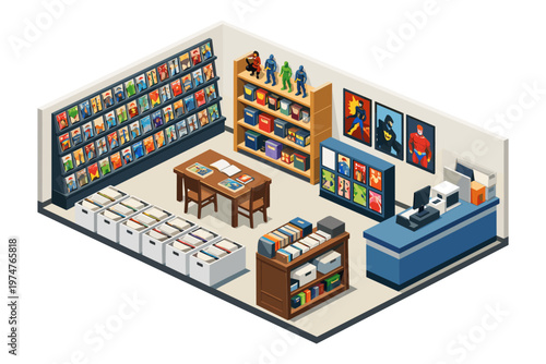 Isometric comic book store interior with shelves, display, and checkout counter
