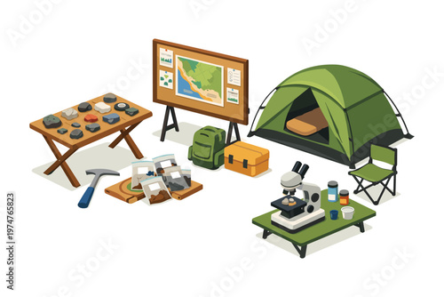 Geology expedition setup with tent, microscope, and rock samples