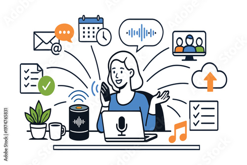 A digital illustration of a woman multitasking using voice assistant technology for daily work