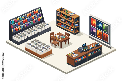 Isometric view of a comic book store with shelves, display, and checkout counter