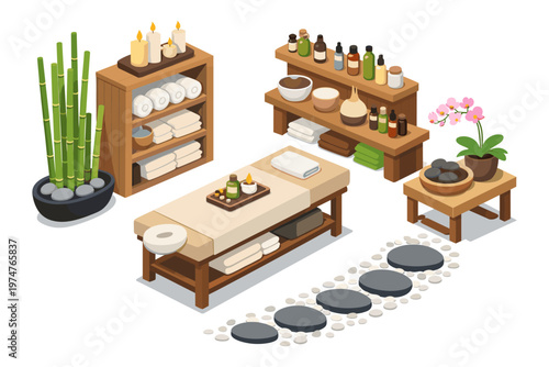 Serene spa room setup with massage table, bamboo, and aromatherapy elements