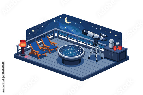 Cozy balcony setup for stargazing with telescope and comfortable chairs