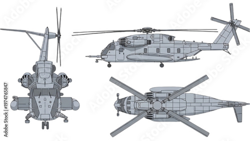 Vector CAD design showcases a helicopter in three views