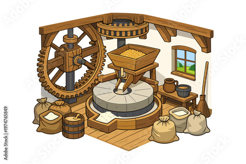 Vintage mill interior with grinding stones and sacks of grain ready for processing