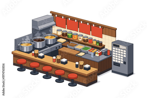 Cozy isometric ramen shop interior with counter seating and cooking station