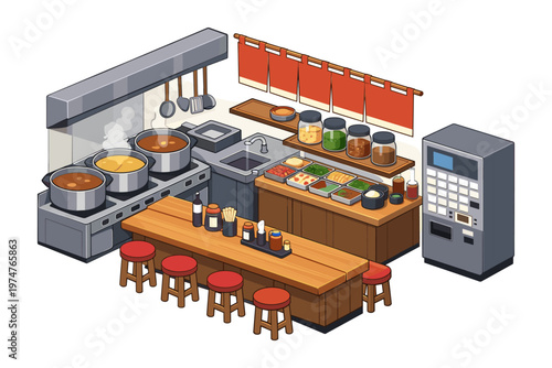 Cozy isometric ramen shop interior with cooking pots and seating area