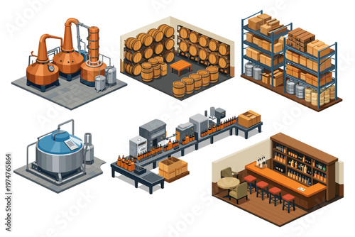 Isometric illustration of a beverage production and distribution process