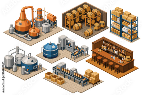 Isometric illustration of a distillery process from production to bar service